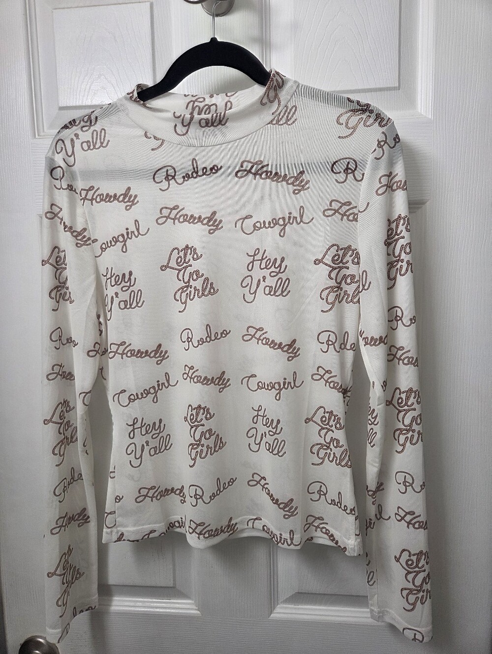 Western Mockneck Sheer Cream Graphic Long-Sleeve Top Rodeo Howdy Script Large - Picture 8 of 11